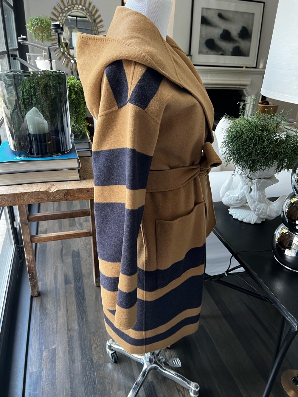 La Ligne Camel and Dark Navy  Striped Hooded Belted Wrap Coat Reversible  size S - Picture 4 of 11
